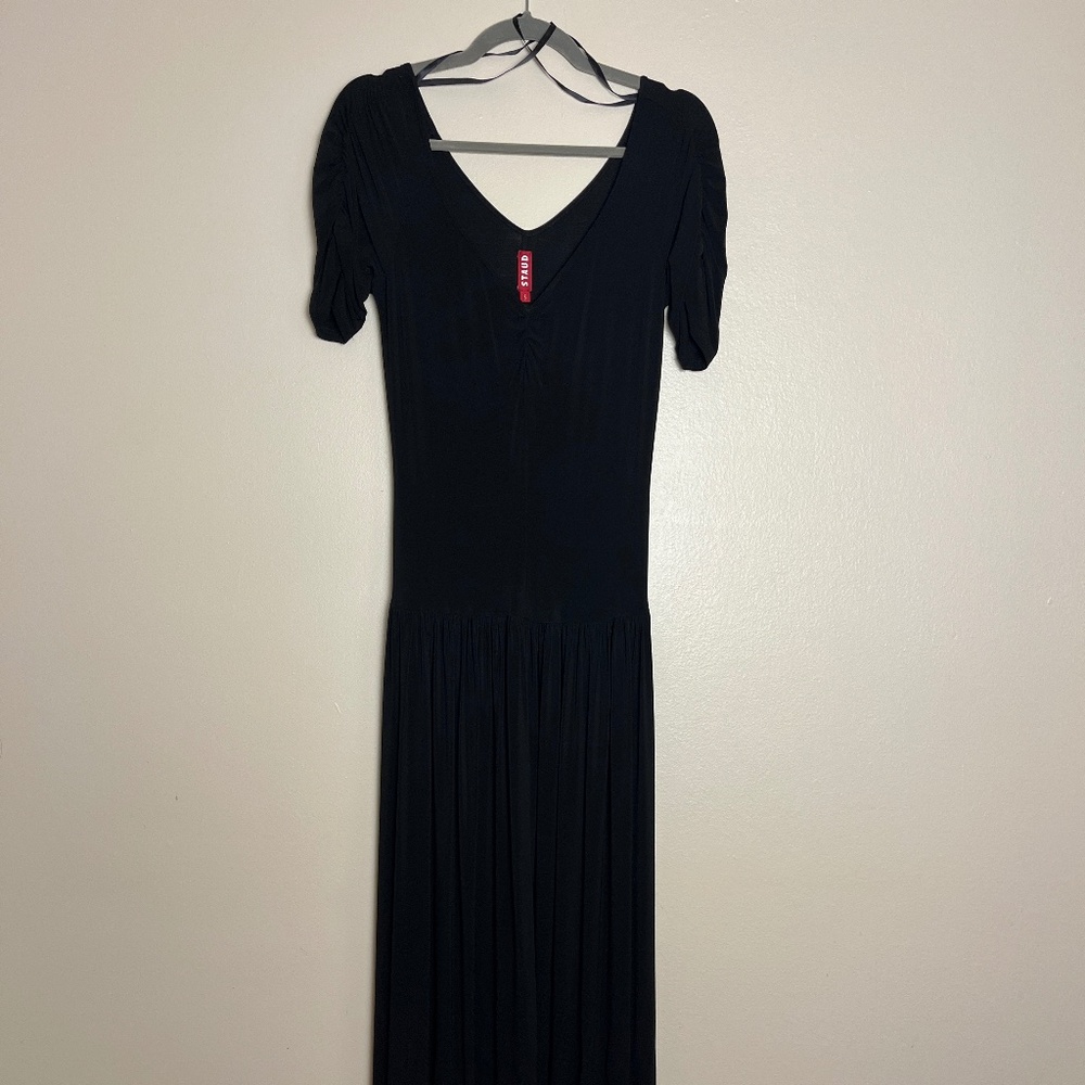 STAUD Drop Waist Jersey Black Ruched-Sleeve V-Neck Maxi Dress